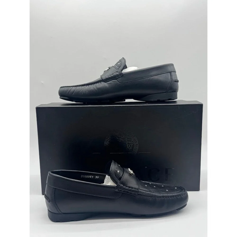 Versace Imola Medusa Leather Driver‎ Loafers Black Mens EU 39 US 6 DSU6051 NIB